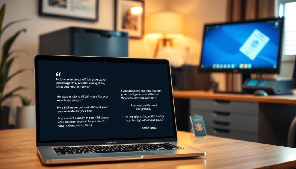 A room with a professional setup, featuring a sleek desktop computer, a high-quality printer, and a well-organized workspace. Warm lighting illuminates the space, creating a welcoming atmosphere. In the foreground, a laptop displays testimonials from satisfied clients, showcasing their positive experiences with the immigration paper assistance services. The testimonials are presented in a clean, modern design, with a focus on the heartfelt words of the clients. The background features subtle technological elements, such as a 3D-printed model of a passport or ID card, hinting at the advanced capabilities of the service. The overall scene conveys a sense of professionalism, reliability, and a commitment to providing exceptional support to those seeking immigration assistance.