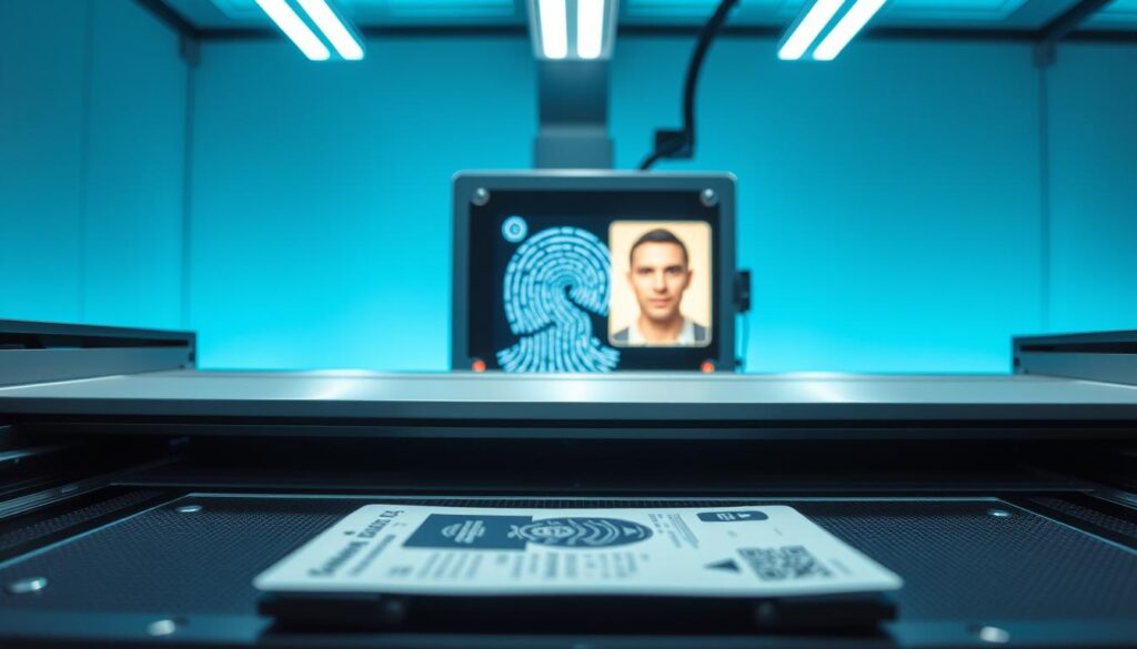 A secure application process unfolds with precision and state-of-the-art technology. In the foreground, a high-resolution document scanner meticulously captures every detail of a passport or ID card. Beams of light from advanced laser printers inscribe sensitive information onto the delicate surface, creating a secure, personalized record. In the middle ground, a biometric verification system scans fingerprints and facial features, ensuring the applicant's identity is authenticated with the utmost care. The background is bathed in a cool, minimalist palette, conveying a sense of professionalism and data integrity. Sleek, modern machinery hums with efficiency, reflecting the seamless, trustworthy experience of the secure application process.