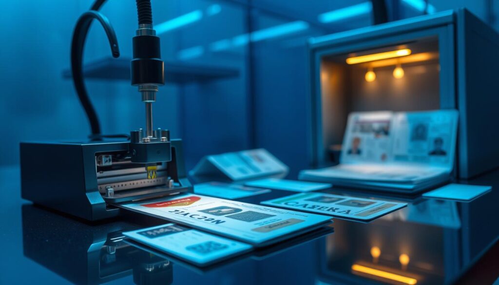 A secure document replacement station in a sleek, modern setting. The foreground features a high-tech machine meticulously laser-printing onto a passport, its internal mechanisms precisely calibrated. The middle ground showcases various identification documents, exuding an aura of reliability and security. The background is bathed in a cool, blue-tinted lighting, evoking a sense of technological sophistication. Subtle reflections on the polished surfaces create depth and a clinical, yet reassuring atmosphere. The overall scene conveys the importance of secure document replacement in a world that demands the highest standards of identity protection. A secure document replacement station in a sleek, modern setting. The foreground features a high-tech machine meticulously laser-printing onto a passport, its internal mechanisms precisely calibrated. The middle ground showcases various identification documents, exuding an aura of reliability and security. The background is bathed in a cool, blue-tinted lighting, evoking a sense of technological sophistication. Subtle reflections on the polished surfaces create depth and a clinical, yet reassuring atmosphere. The overall scene conveys the importance of secure document replacement in a world that demands the highest standards of identity protection.
