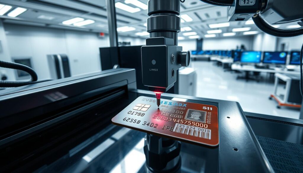A secure, high-tech EU document processing facility. In the foreground, a state-of-the-art laser printer meticulously etching details onto a glossy ID card. Intricate holograms and micro-text shimmer under focused lighting, as a robotic arm precisely aligns the document. In the middle ground, an array of biometric scanners and verification terminals, their screens displaying data-rich profiles. The background reveals a clean, clinical workspace, with banks of computer monitors and sleek, futuristic workstations. An atmosphere of advanced security and technological sophistication pervades the scene, reflecting the secure and efficient processing of EU documents.