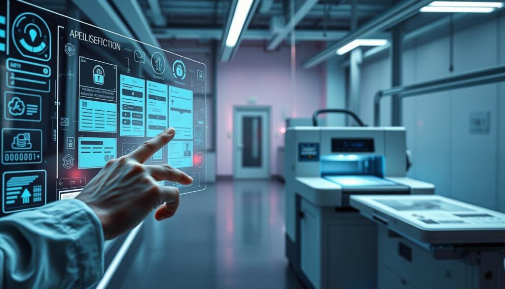 A secure online application process, captured in a high-tech, futuristic setting. In the foreground, a person's hands interact with a sleek, touch-sensitive interface, navigating through various digital forms and documents. Holographic projections and laser-etched details add an air of sophistication, suggesting advanced verification and encryption technologies. The middle ground features state-of-the-art printing equipment, meticulously laser-printing sensitive information onto official documents, such as passports or ID cards. The background showcases a minimalist, industrial environment with a clean, modern aesthetic, conveying a sense of efficiency and reliability. Vibrant, cool-toned lighting casts an otherworldly glow, heightening the technological atmosphere. A secure online application process, captured in a high-tech, futuristic setting. In the foreground, a person's hands interact with a sleek, touch-sensitive interface, navigating through various digital forms and documents. Holographic projections and laser-etched details add an air of sophistication, suggesting advanced verification and encryption technologies. The middle ground features state-of-the-art printing equipment, meticulously laser-printing sensitive information onto official documents, such as passports or ID cards. The background showcases a minimalist, industrial environment with a clean, modern aesthetic, conveying a sense of efficiency and reliability. Vibrant, cool-toned lighting casts an otherworldly glow, heightening the technological atmosphere.