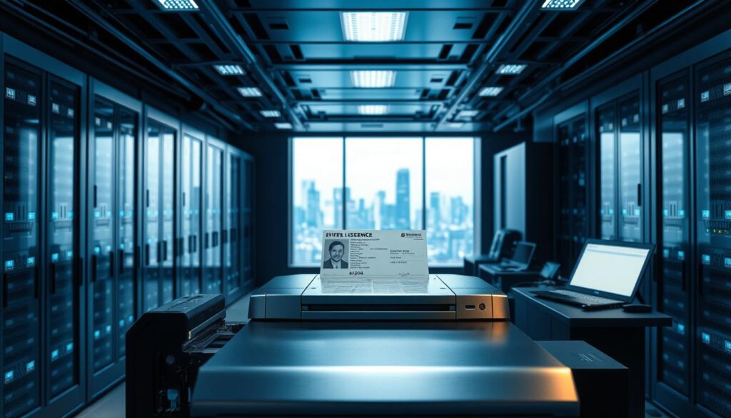 A secure, state-of-the-art data center, dimly lit with soft blue hues, housing rows of high-performance servers and workstations. In the foreground, a sleek, silver metal document scanner meticulously scans a driver's license, its precision-engineered mechanisms capturing every detail. Surrounding the scanner, a carefully curated array of specialized tools, including a thermal printer and a high-resolution camera, all working in harmony to ensure the utmost privacy and security for our customers. The background is dominated by a massive, floor-to-ceiling glass window, offering a panoramic view of a futuristic cityscape, reinforcing the advanced, cutting-edge nature of our operations.