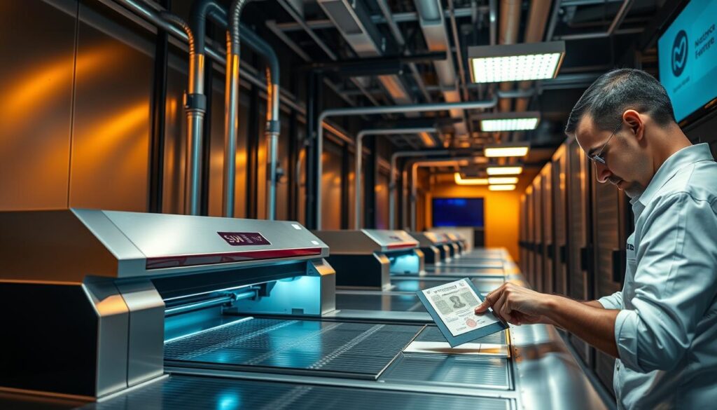 A secure, state-of-the-art document processing facility with cutting-edge technology. Shining metal surfaces, sleek biometric scanners, and precision laser engravers create a high-tech atmosphere. In the foreground, an operator carefully handles a passport, the laser printer meticulously printing intricate designs. In the background, rows of servers hum, processing sensitive data with the utmost security. Warm, indirect lighting casts a professional glow, while large display screens showcase the company's commitment to innovation. This is the trusted, technologically-advanced headquarters of SmartDocumentsEmpire.com, the secure partner for all your legal resident card needs.