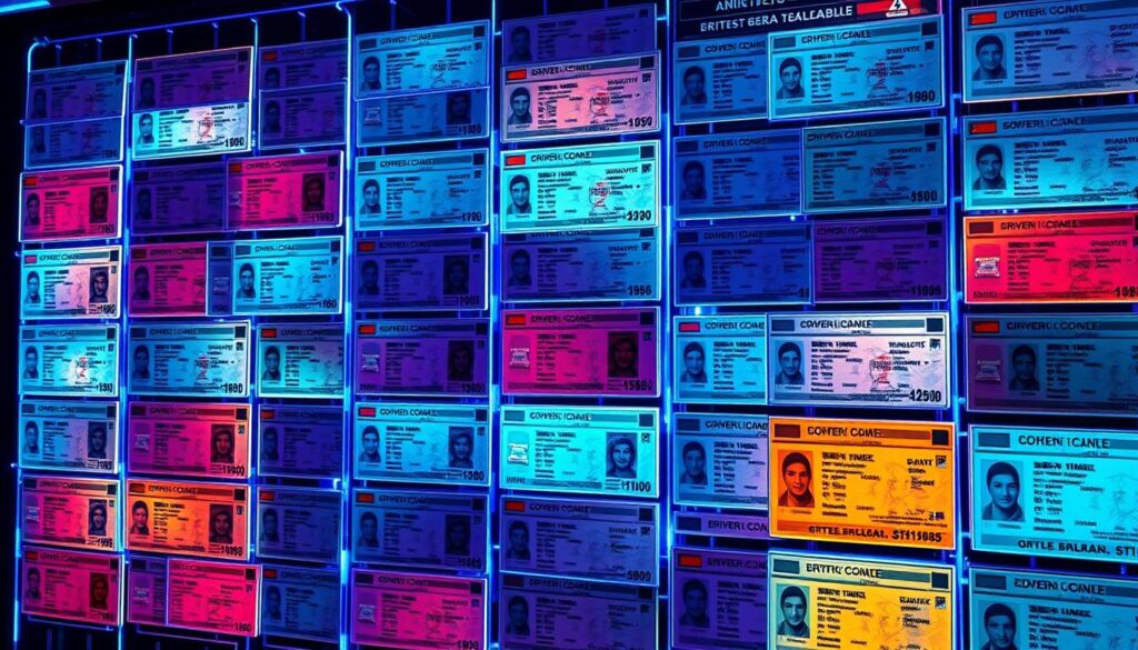 A sleek and futuristic array of driver's licenses from around the world, displayed against a backdrop of advanced holographic technology. Glowing neon-tinged panels illuminate the intricate designs and security features of each license, showcasing the high-tech printing and laser engraving processes used to create them. The licenses are arranged in a visually striking grid, highlighting the diversity of regional styles and regulations. Ambient blue lighting casts a cool, high-tech atmosphere, emphasizing the sophisticated security measures employed to ensure the authenticity of these official government documents.
