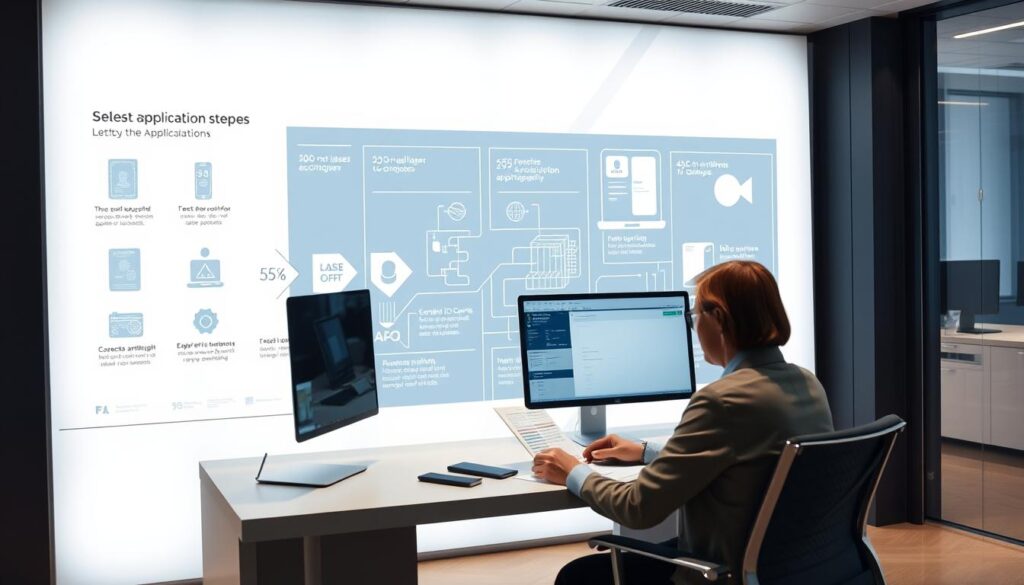 A sleek and modern office setting, filled with state-of-the-art technology. In the foreground, a person sitting at a desk, carefully reviewing documents on a high-resolution monitor. The background features a large, backlit wall displaying a step-by-step application process, with intricate diagrams and schematics showcasing the latest laser printing techniques used to produce official documents like passports and ID cards. Soft, even lighting illuminates the space, creating a professional and efficient atmosphere. The scene conveys a sense of precision, attention to detail, and the cutting-edge capabilities of the application process.