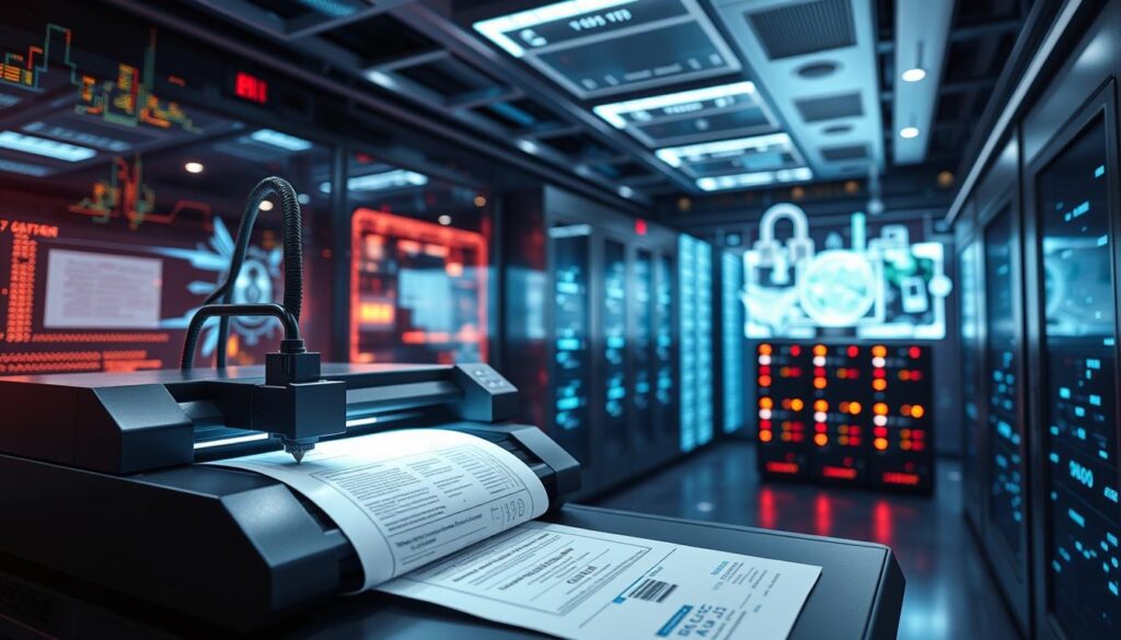 A sleek and secure digital workspace, where sensitive data is protected by state-of-the-art encryption and biometric authentication. In the foreground, a high-tech laser printer meticulously etches secure patterns onto official documents, ensuring their integrity. In the middle ground, a secure server bank hums with activity, its blinking lights signaling the constant vigilance of the data protection system. The background is a futuristic landscape of holographic displays and cutting-edge technology, conveying a sense of advanced, impenetrable security.