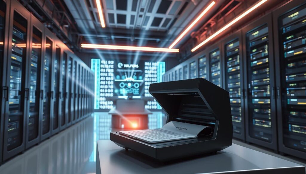 A sleek, futuristic data center with towering racks of servers and a central command console. Beams of light emanate from holographic displays, casting an ethereal glow across the room. In the foreground, a high-tech document scanner rapidly processes sensitive paperwork, its laser mechanism precisely etching secure marks onto the pages. The atmosphere is one of precision, security, and cutting-edge technology, reflecting the importance of protecting confidential information.