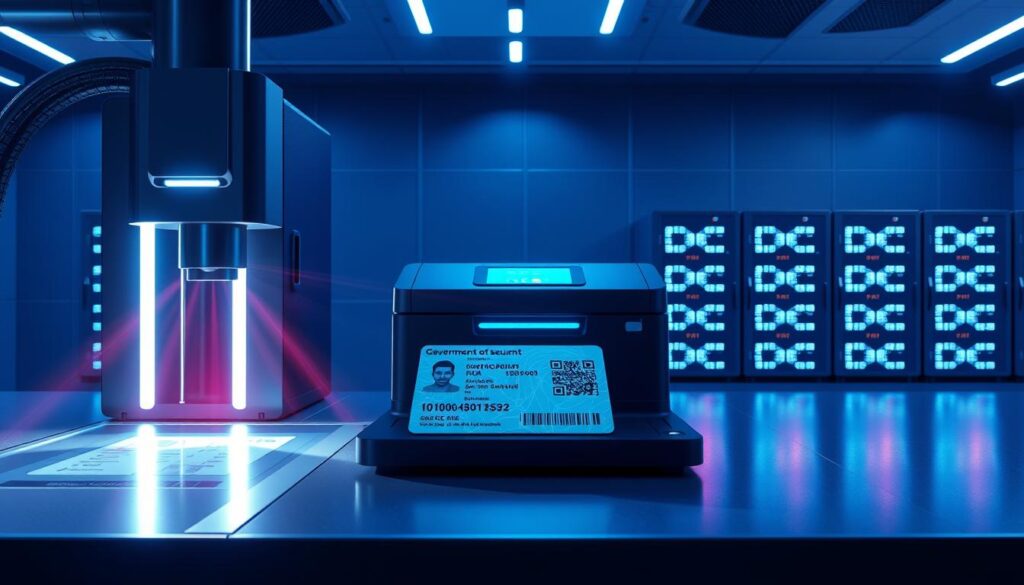 A sleek, futuristic data protection station bathed in a cool, blue-tinted lighting. In the foreground, a high-tech security scanner meticulously inspects a government-issued ID card, its laser beams reflecting off the holographic security features. The middle ground showcases a state-of-the-art document printer, its precise mechanisms etching sensitive information onto official documents. In the background, a series of secure data storage units stand vigilant, their LED panels pulsing with encrypted data. An atmosphere of technological sophistication and unwavering security pervades the scene, conveying the importance of safeguarding sensitive personal information.