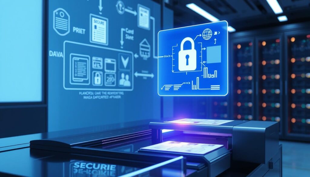 A sleek, futuristic digital security control panel, its surface shimmering with a soft blue glow. Holographic displays float above, showcasing sensitive documents and data being securely encrypted and protected. In the foreground, a high-tech laser printer rapidly produces secure ID cards and passports, while in the background, server racks hum with the constant flow of encrypted information. The scene is bathed in a cool, futuristic lighting, conveying a sense of advanced technology and the utmost data protection.