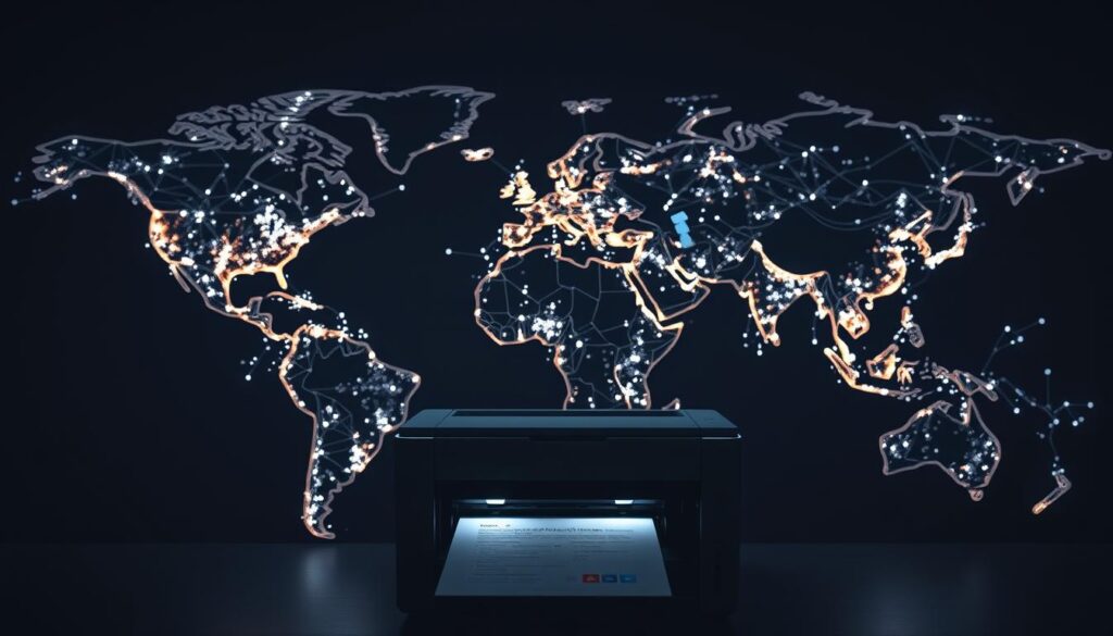 A sleek, futuristic world map glows against a dark backdrop, illuminated by the intricate network of interconnected nodes and lines pulsing with energy. In the foreground, a precision-engineered laser printer effortlessly produces official documents, seamlessly integrating cutting-edge technology with global accessibility. The scene conveys a sense of advanced, borderless service coverage, where innovative solutions empower individuals worldwide. Crisp lighting highlights the clean, modern design, while dynamic camera angles showcase the scope and integration of this comprehensive, technology-driven global service.