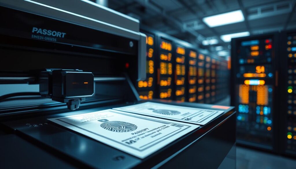 A sleek, high-tech data security system with state-of-the-art biometric scanners and encrypted data storage. In the foreground, a laser printer precisely engraving personal identification documents like passports, its precise lines and patterns reflecting the importance of security and confidentiality. The middle ground features a secure data center, its glowing server racks and blinking indicator lights conveying a sense of technological prowess. The background is bathed in a cool, clinical lighting that emphasizes the sophisticated, cutting-edge nature of the security measures. Subtle shadows and reflections add depth and dimensionality to the scene, creating an atmosphere of precision, reliability, and unwavering protection of sensitive information.
