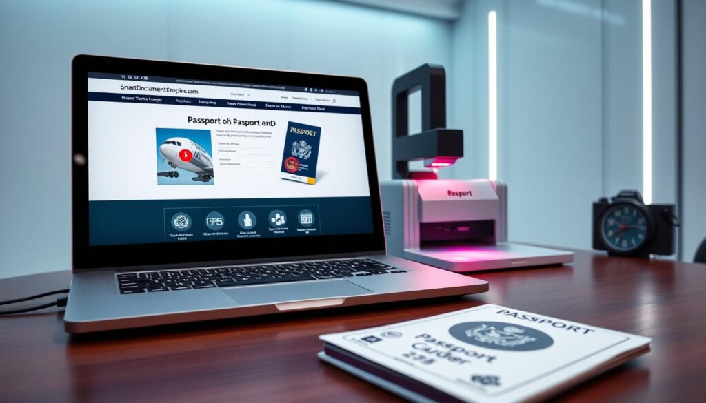 A sleek, high-tech office space with a state-of-the-art document printing station. In the foreground, a modern laptop displays the SmartDocumentsEmpire.com website, showcasing its secure online passport ordering process. Nearby, a specialized printing device meticulously laser-etches intricate details onto a realistic-looking passport, creating a tangible sense of authenticity. The background features a minimalist, well-lit environment with clean lines and a subtle futuristic ambiance, conveying a sense of precision and professionalism in the document creation process.
