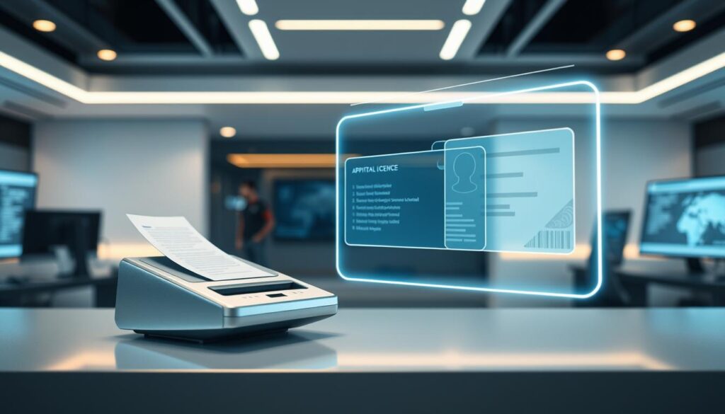 A sleek, modern digital interface for a streamlined driving license application process. In the foreground, a minimalist, high-tech document scanner effortlessly captures the applicant's details, its crisp lines and gleaming metallic finish conveying a sense of efficiency and technological sophistication. In the middle ground, a holographic display projects a 3D rendering of the applicant's license, its edges softly glowing with an LED-like radiance. The background features a clean, futuristic workspace, with discreet ambient lighting and state-of-the-art computer terminals, all working in seamless harmony to create a streamlined, hassle-free experience for the user.