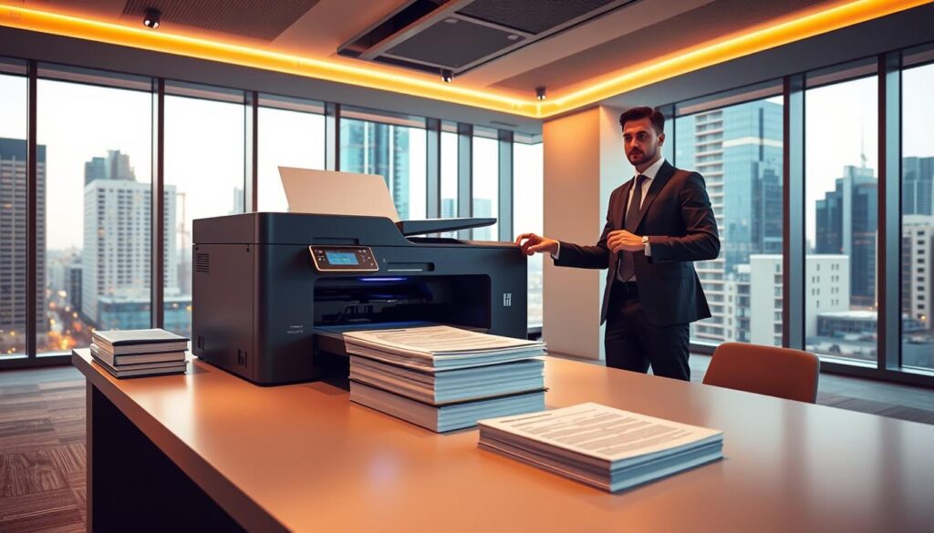 A sleek, modern office interior with a large desk featuring a state-of-the-art laser printer and a stack of legal documents. The lighting is warm and inviting, with floor-to-ceiling windows overlooking a bustling cityscape. In the foreground, a well-dressed professional stands beside the desk, gesturing toward the printer as if demonstrating its advanced capabilities. The atmosphere conveys efficiency, reliability, and a commitment to providing high-quality legal document services online.