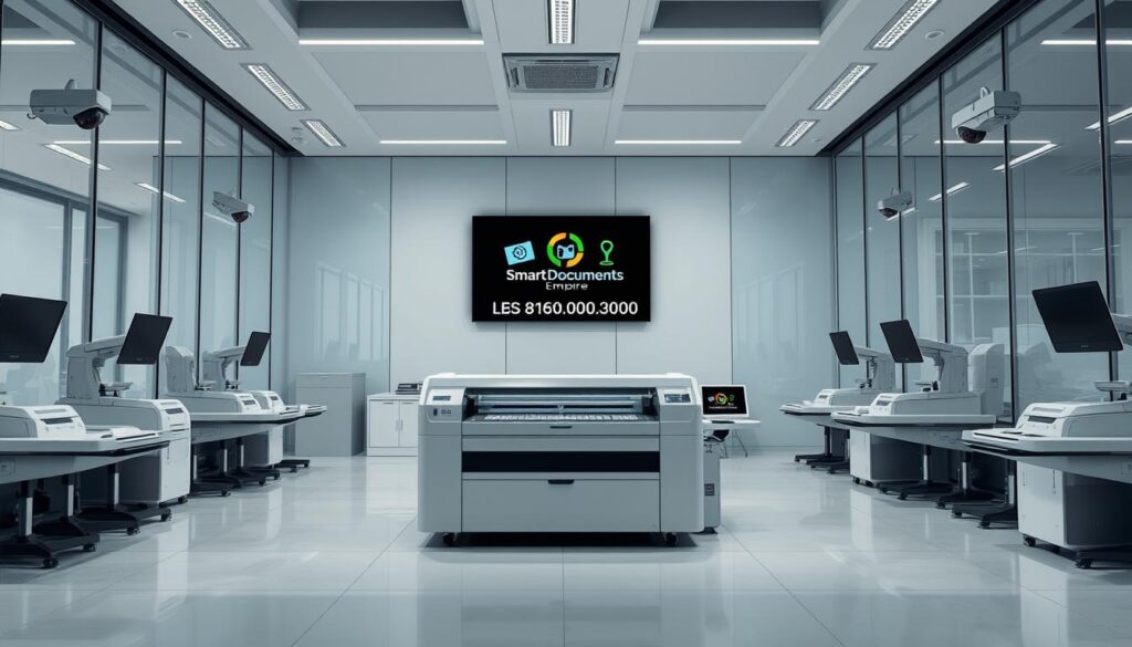 A sleek, modern office interior with a large, glass-walled workspace. In the center, a state-of-the-art document printing station featuring advanced laser technology. High-tech document scanners and security cameras surround the workspace, creating an atmosphere of professionalism and precision. The lighting is bright and even, highlighting the clean, minimalist design. In the background, a wall-mounted display shows the company's logo and branding, "SmartDocumentsEmpire.com". The overall scene conveys a sense of reliability, efficiency, and a commitment to secure document services.