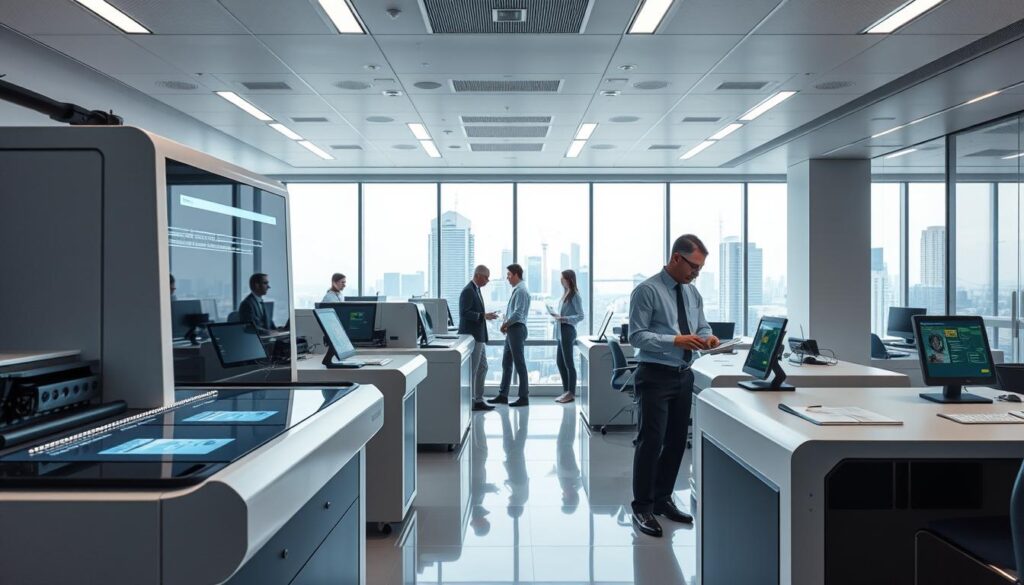 A sleek, modern office interior with a minimalist design. In the foreground, a state-of-the-art laser printing station meticulously crafting government-issued identity documents like passports and ID cards. Futuristic machines with glowing screens and holographic interfaces create a high-tech atmosphere. In the middle ground, a team of professionals in crisp uniforms carefully verifying and processing paperwork. The background features a clean, well-lit workspace with large windows overlooking a bustling cityscape, conveying a sense of efficiency and innovation in the field of comprehensive identity documentation services.
