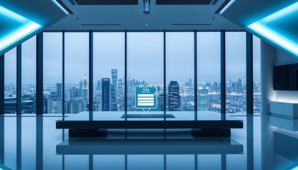 A sleek, modern office interior with a minimalist, high-tech aesthetic. In the foreground, a glass-topped desk features a high-resolution digital display showcasing a secure online visa application process. Elegant, angular lighting fixtures bathe the scene in a cool, blue-white glow, accentuating the clean lines and futuristic vibe. In the background, a large, floor-to-ceiling window offers a panoramic view of a bustling urban skyline, suggesting a global, interconnected world. The overall mood is one of efficiency, reliability, and technological sophistication - an ideal setting for a trusted, innovative student visa online service.