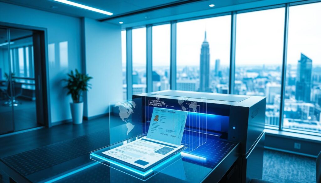 A sleek, modern office interior with a prominent desk featuring a state-of-the-art laser printing system. On the desk, a student visa document is being transformed into a residence permit, the process captured in a series of high-tech holographic displays. The room is bathed in a cool, blue-tinted lighting, creating a sophisticated, technological atmosphere. In the background, a large window offers a panoramic view of a bustling cityscape, reinforcing the global, connected nature of the visa to residence permit pathway. The overall scene conveys a sense of efficiency, innovation, and the seamless transition from student to permanent resident.