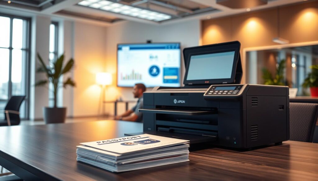 A sleek, modern office interior with a spacious desk showcasing various document solutions. In the foreground, a high-tech laser printer effortlessly churns out crisp, professional-looking documents. The middle ground features a stack of passports and ID cards, highlighting the precision and reliability of the printing process. The background is bathed in a warm, productive glow, with state-of-the-art document management software visible on a large display. The scene exudes a sense of efficiency, innovation, and the seamless integration of cutting-edge technology to provide comprehensive document solutions.