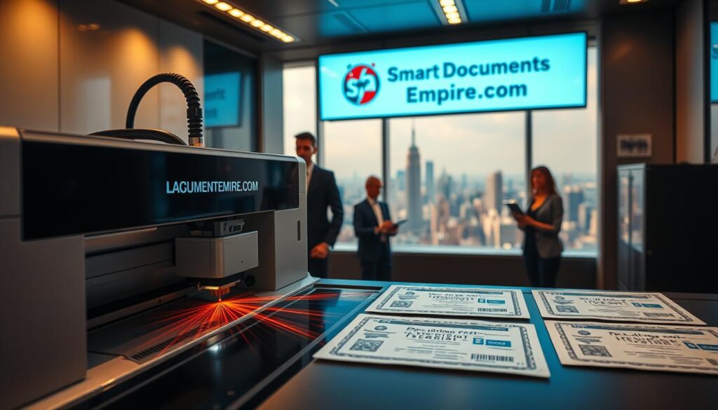 A sleek, modern office interior with high-tech equipment and a prominent digital display showcasing the "SmartDocumentsEmpire.com" logo. The foreground features a state-of-the-art document printing machine, its laser beams precisely etching intricate patterns onto official-looking documents. In the middle ground, a team of professionals, dressed in sharp business attire, are carefully handling the printed materials, exuding an air of expertise and reliability. The background depicts a panoramic cityscape, conveying a sense of global reach and authority. The lighting is warm and inviting, creating a sophisticated and trustworthy ambiance. The overall composition emphasizes the company's commitment to cutting-edge technology, attention to detail, and reliable service, positioning it as the go-to partner for secure resident permit procurement.