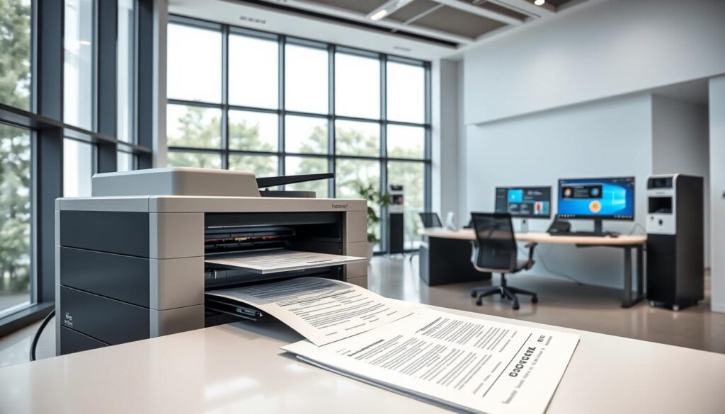 A sleek, modern office interior with minimalist design. In the foreground, a state-of-the-art laser printer meticulously printing official documents, its high-tech mechanisms visible. In the middle ground, a desk with a biometric passport scanner and a computer display showcasing the latest document services software. The background features floor-to-ceiling windows, allowing natural light to flood the space and highlighting the clean, professional atmosphere. The overall mood is one of efficiency, security, and cutting-edge technology, reflecting the high standards of official document services.