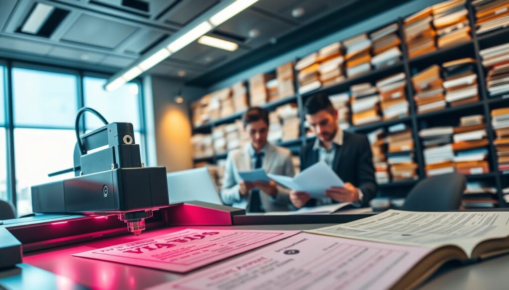 A sleek, modern office setting bathed in warm, focused lighting. In the foreground, a high-tech document printing station meticulously imprints complex visa approval patterns onto crisp passport pages using advanced laser technology. The middle ground reveals a team of efficient professionals intently reviewing application materials, their expressions serious yet determined. In the background, towering shelves brimming with organized files suggest a well-oiled, efficient visa processing system. An atmosphere of precision, diligence, and cutting-edge capability permeates the scene, reflecting the success of the visa services at hand.