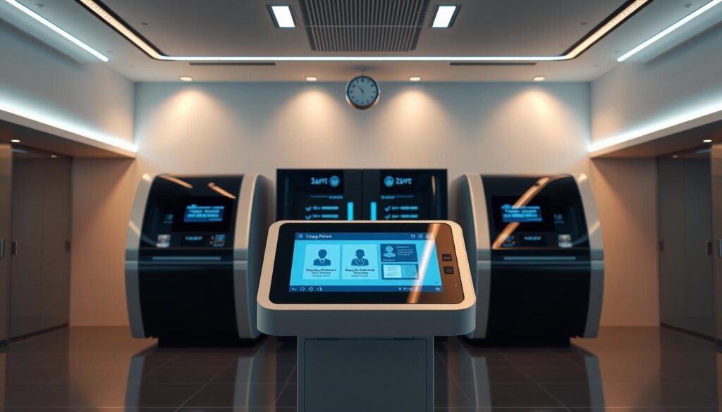 A sleek, modern office setting with a polished digital kiosk at the center. The kiosk features a large touchscreen display, seamlessly integrating biometric sensors and a high-tech document scanning station. Crisp, professional lighting illuminates the scene, casting a warm glow on the clean, minimalist design. In the background, a series of sleek, futuristic-looking machines hum with activity, simulating the process of laser-printing and processing digital passport applications. The overall atmosphere conveys a sense of efficiency, innovation, and the seamless integration of technology into the modern passport application experience.