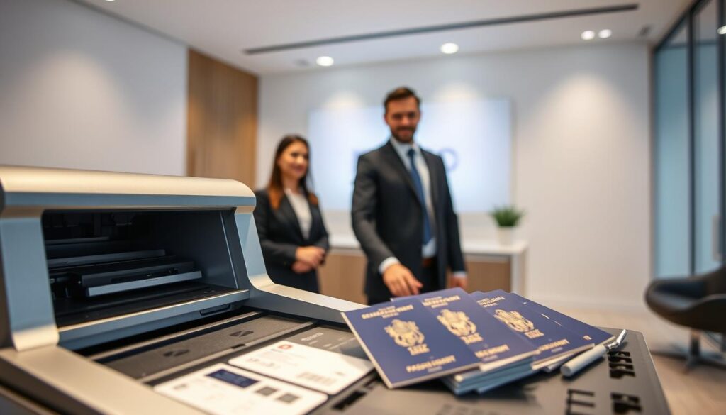 A sleek, modern office setting with a sophisticated Schengen visa service counter. The foreground showcases a high-tech document processing machine, its metallic chassis gleaming under the soft, indirect lighting. Laser-etched passports and ID cards sit neatly arranged, hinting at the precision and efficiency of the service. In the middle ground, a smartly dressed customer service representative assists a client, their expressions conveying professionalism and attentiveness. The background features a minimalist, neutral-toned decor, emphasizing the space's focus on functionality and technology. An atmosphere of seamless, cutting-edge visa processing pervades the scene, reflecting the reliable and advanced nature of the service.
