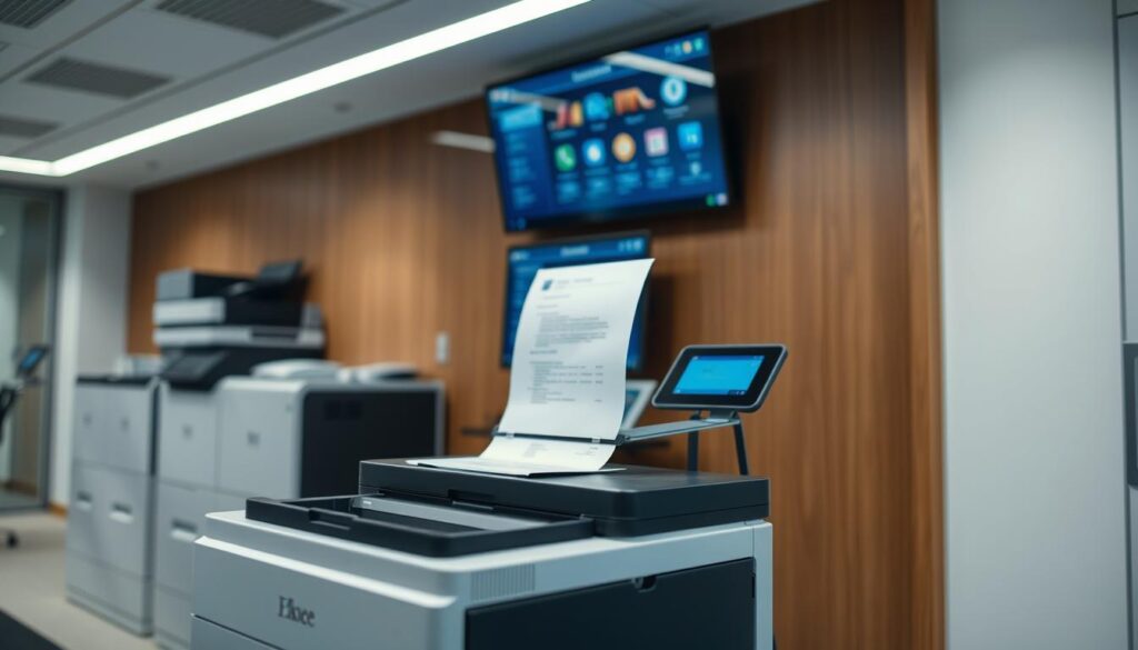 A sleek, modern office setting with an array of document services equipment in the foreground. In the middle ground, a laser printer rapidly producing official-looking documents, the pages gliding smoothly out of the tray. In the background, a wall-mounted screen displays a digital interface, showcasing the comprehensive capabilities of the document services center. Soft, directional lighting casts a professional, high-tech ambiance over the scene. The overall impression is one of efficiency, precision, and the seamless integration of cutting-edge technology to deliver top-quality document services.