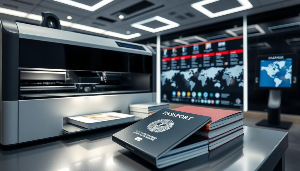 A sleek, modern office setting with high-tech visa processing equipment. In the foreground, a state-of-the-art laser printer precisely etching intricate details onto a freshly minted passport. Nearby, a stack of international travel documents awaits their final touches. The middle ground showcases a biometric scanning station, its display illuminating crucial identity verification data. In the background, a digital display board showcases an array of global destinations, hinting at the comprehensive visa solutions available. Ambient lighting casts a professional, efficient atmosphere, conveying the reliable, cutting-edge nature of the visa processing service.