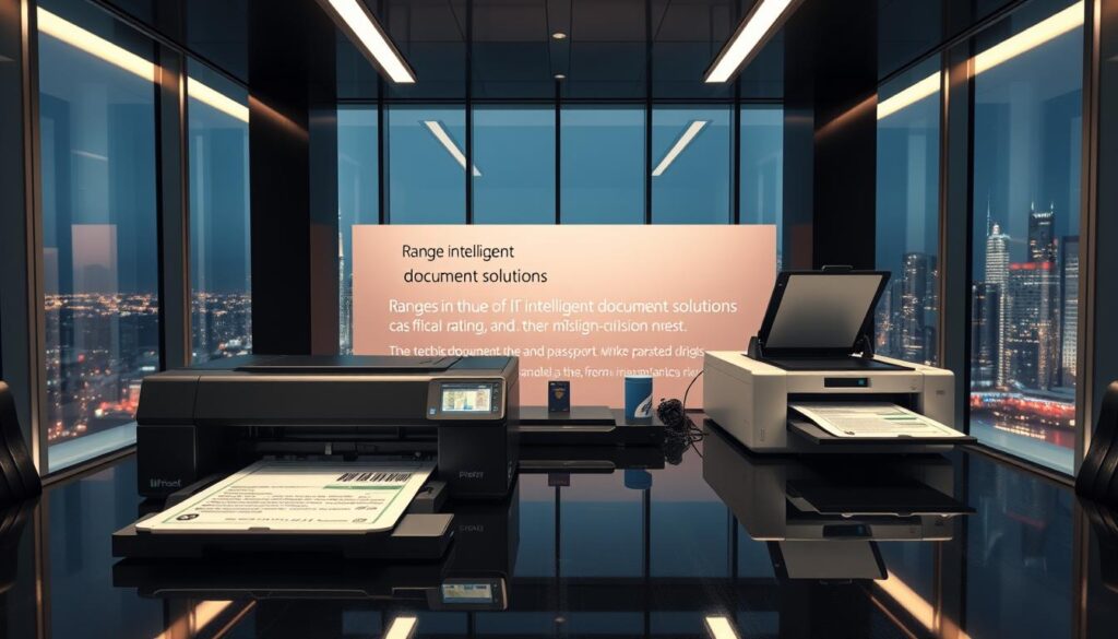 A sleek, modern office space with a prominent desk featuring a high-tech document printing and scanning station. Crisp lighting illuminates the glossy black surfaces, creating a sophisticated ambiance. In the foreground, a state-of-the-art laser printer rapidly processes official documents, while a high-resolution scanner captures intricate details. The middle ground showcases a display showcasing the company's range of intelligent document solutions, highlighting their ability to handle passports, IDs, and other mission-critical paperwork. The background features floor-to-ceiling windows overlooking a bustling city skyline, reinforcing the company's position as a trusted, technologically-advanced partner for all document needs.