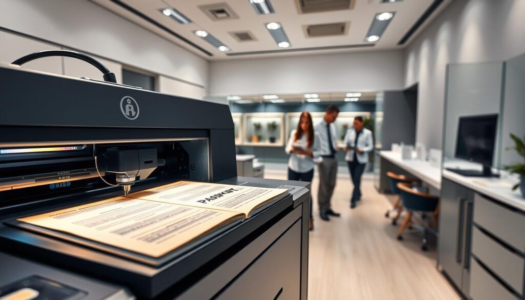 A sleek, modern office space with state-of-the-art document processing equipment. In the foreground, a high-tech laser printer meticulously crafting a passport, its pages illuminated by a warm, soft light. In the middle ground, a team of skilled professionals carefully examining identity documents, ensuring their authenticity. The background showcases a minimalist, well-organized workspace with clean lines and a subtle color palette, exuding an atmosphere of efficiency and professionalism. The overall scene conveys the reliable, cutting-edge nature of legitimate document services, catering to the needs of discerning clients.