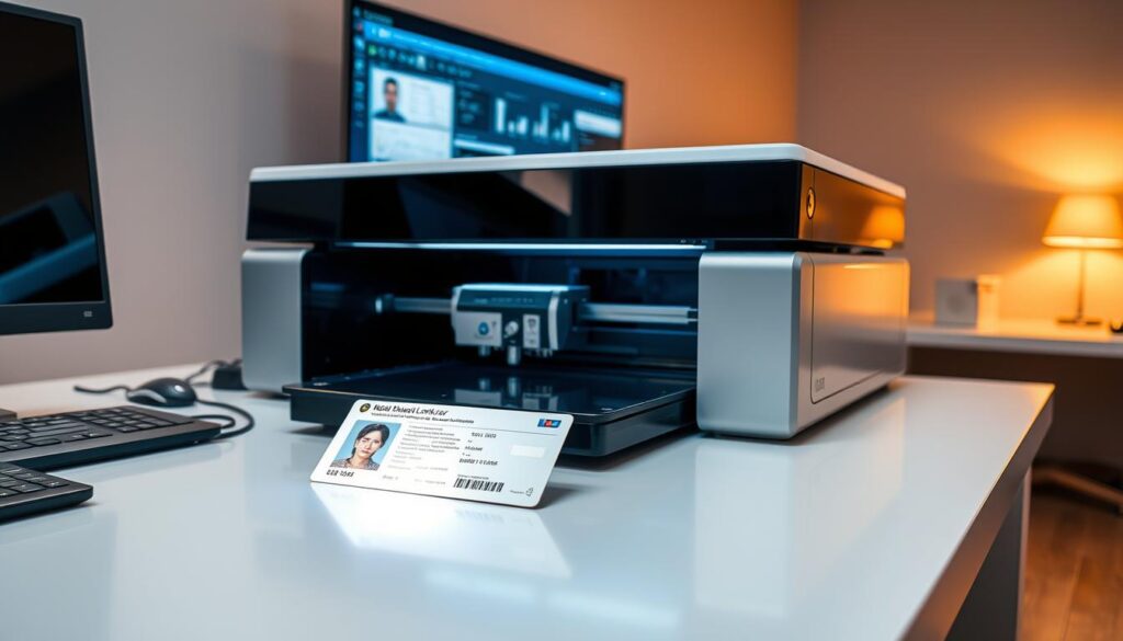 A sleek, modern workspace with a high-tech workstation. On the desk, a state-of-the-art laser printer is carefully producing a realistic-looking identification card. The card's surface gleams under the warm, directional lighting, showcasing the intricate details and security features. In the background, a large monitor displays specialized software, hinting at the advanced technology involved in the creation of this secure document. The overall atmosphere conveys a sense of professionalism, efficiency, and attention to detail in the process of obtaining a real identity card online.