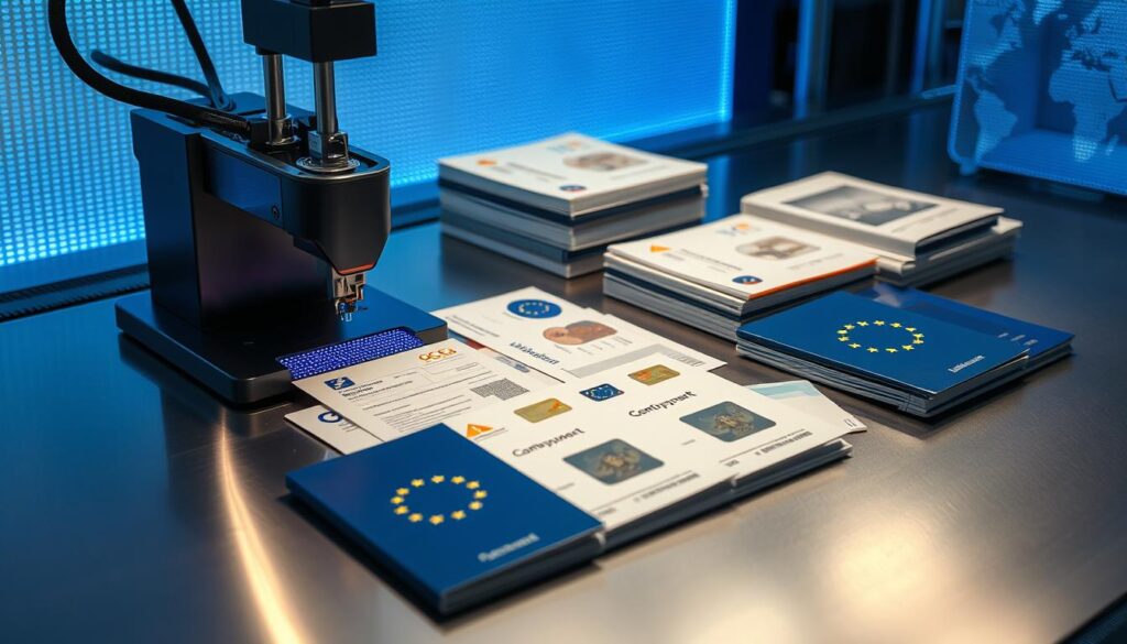 A sophisticated array of EU documents rests upon a sleek, techno-futuristic surface. In the foreground, a high-tech printing device meticulously laser-etches security patterns onto crisp, official-looking papers. The middle ground features neatly stacked passports, ID cards, and other government-issued documents, each exuding an air of authority and legitimacy. The background is bathed in a cool, blue-tinged lighting, conveying a sense of precision and professionalism. The overall scene evokes a highly secure, technologically advanced process for handling vital EU documentation.
