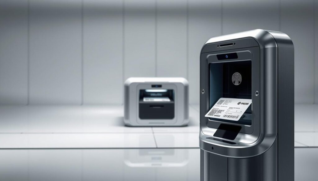 A sophisticated biometric scanning station stands in the foreground, its sleek, metallic exterior gleaming under the soft, diffused lighting. Intricate circuits and sensors are seamlessly integrated, capturing the unique patterns of an individual's iris, fingerprints, and facial features. In the middle ground, a high-resolution document printer meticulously laser-etches personal data onto official-looking identity cards, ensuring a robust and secure verification process. The background is a futuristic, minimalist environment, with clean lines and a subdued color palette, conveying a sense of advanced technology and data protection.