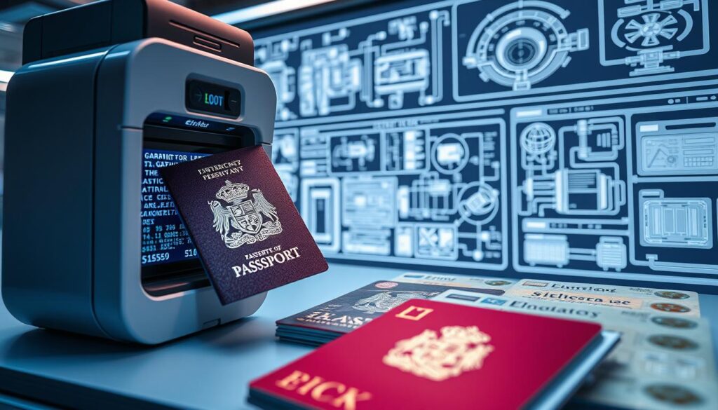 A sophisticated legal framework for UK identity documents, captured in a sleek, high-tech visualization. In the foreground, a state-of-the-art passport scanning device meticulously examines the intricate security features of a British passport, its screen displaying the complex data encoded within. The middle ground showcases an array of official identity cards, their holographic elements and microchips glimmering under the cool, clinical lighting. In the background, a series of technical diagrams and schematics illustrate the robust administrative processes governing the issuance and management of these crucial documents. The scene exudes a sense of authority, precision, and the unwavering commitment to upholding the integrity of UK identity verification.