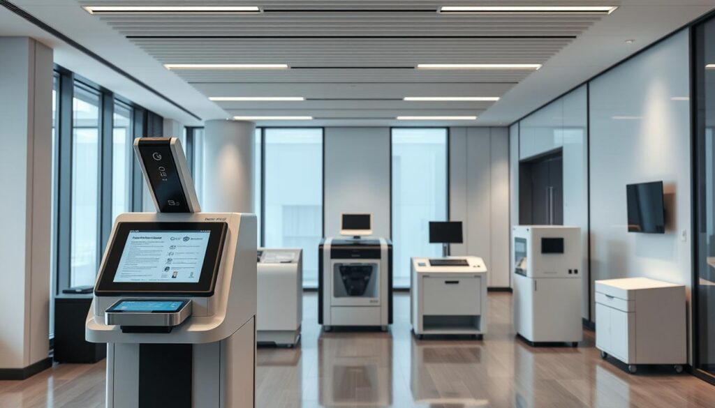 A sophisticated office interior with sleek, modern design. In the foreground, a state-of-the-art document verification station, complete with a high-resolution scanner, specialized lighting, and a touch screen interface. Crisp, clean lines and a minimalist aesthetic create an atmosphere of professionalism and efficiency. In the middle ground, an array of security equipment, including a laser engraver and a secure document printer, underscoring the advanced technological capabilities of the service. The background features floor-to-ceiling windows, bathing the space in natural light and creating a sense of transparency and trustworthiness. The overall mood is one of precision, reliability, and cutting-edge innovation in the world of document verification.