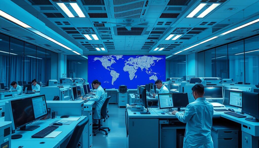 A sophisticated office interior with state-of-the-art document production technology. Sleek, modern workstations with high-resolution monitors, advanced printers, and precise laser engravers. Technicians in crisp uniforms expertly handling specialized equipment, meticulously crafting personalized identification documents. The space is bathed in cool, blue-tinted lighting, creating a clinical, efficient atmosphere. In the background, a massive world map highlights the global reach of this comprehensive documentation service provider. An air of precision, security, and technical expertise permeates the scene.