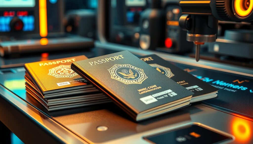 A stack of novelty passports, each with a unique design and holographic security features, is displayed on a sleek, high-tech workstation. Intricate patterns and symbols are laser-etched onto the covers, while specialized machines precisely print personalized details onto the pages. The lighting casts a warm, futuristic glow, highlighting the attention to detail and the advanced technology used in their creation. The overall atmosphere conveys a sense of exclusivity and the illusion of legitimacy, perfect for satisfying the curiosity of those seeking unique novelty identification documents.