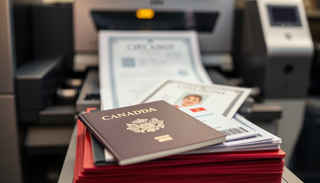 A stack of official Canadian government documents, meticulously crafted with cutting-edge printing technology. In the foreground, a high-resolution passport and ID card, their intricate designs and security features visible under the warm glow of studio lighting. In the middle ground, a birth certificate and citizenship document, their edges sharply defined, reflecting the precision of a laser printer. The background subtly hints at the advanced machinery responsible for their production - sleek, modern equipment producing these essential papers with exceptional quality. The overall atmosphere conveys a sense of authority, reliability, and technological sophistication befitting the importance of Canadian identification. A stack of official Canadian government documents, meticulously crafted with cutting-edge printing technology. In the foreground, a high-resolution passport and ID card, their intricate designs and security features visible under the warm glow of studio lighting. In the middle ground, a birth certificate and citizenship document, their edges sharply defined, reflecting the precision of a laser printer. The background subtly hints at the advanced machinery responsible for their production - sleek, modern equipment producing these essential papers with exceptional quality. The overall atmosphere conveys a sense of authority, reliability, and technological sophistication befitting the importance of Canadian identification.