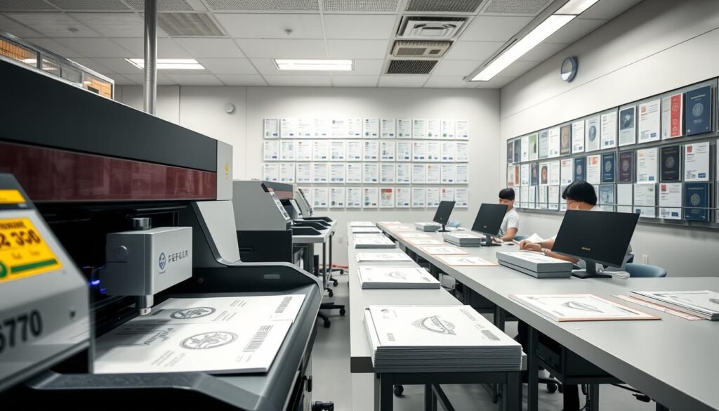 A state-of-the-art document production facility, illuminated by soft, diffused lighting. In the foreground, a high-tech laser printer meticulously inscribes official government seals and watermarks onto authentication cards, visas, and passports. The middle ground features a row of sleek, modern workstations where skilled operators meticulously inspect each document for quality and precision. In the background, a wall-mounted display showcases the various country-specific documents available, their intricate designs and security features visible under the bright, uniform lighting. An atmosphere of efficiency, security, and technological prowess pervades the scene.
