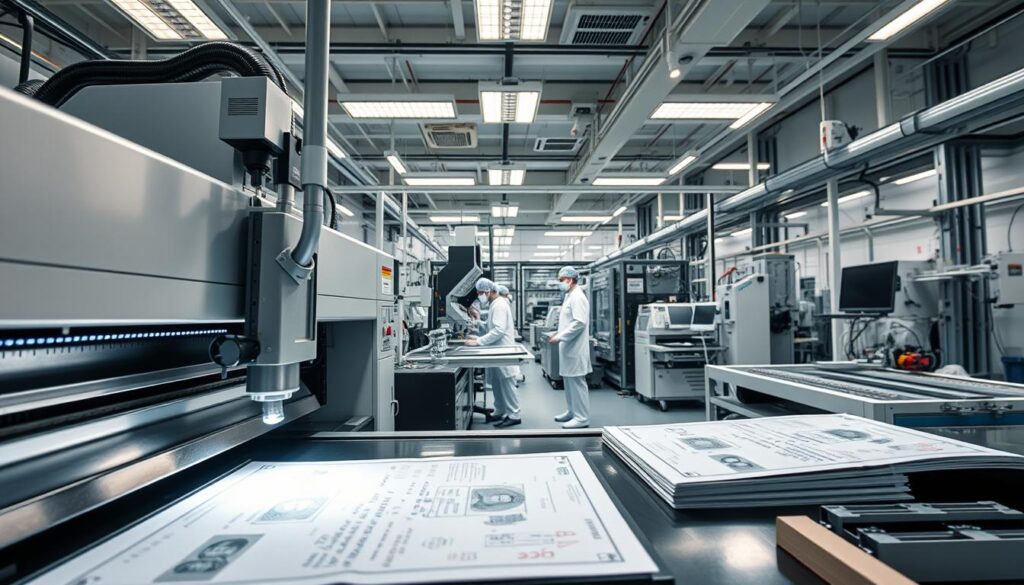 A state-of-the-art novelty document production facility. In the foreground, a sleek, high-tech printing machine meticulously laser-etches intricate details onto pristine passport pages. Powerful light sources cast a futuristic glow, while precisely calibrated cameras and sensors monitor every step of the process. In the middle ground, technicians in clean-room attire carefully handle the delicate materials, their movements choreographed with machine-like efficiency. The background reveals a complex array of specialized equipment, from computer-controlled cutting tools to automated lamination stations, all working in harmony to create flawless, high-quality novelty passports. The overall atmosphere is one of advanced technology, scientific precision, and unwavering attention to detail.