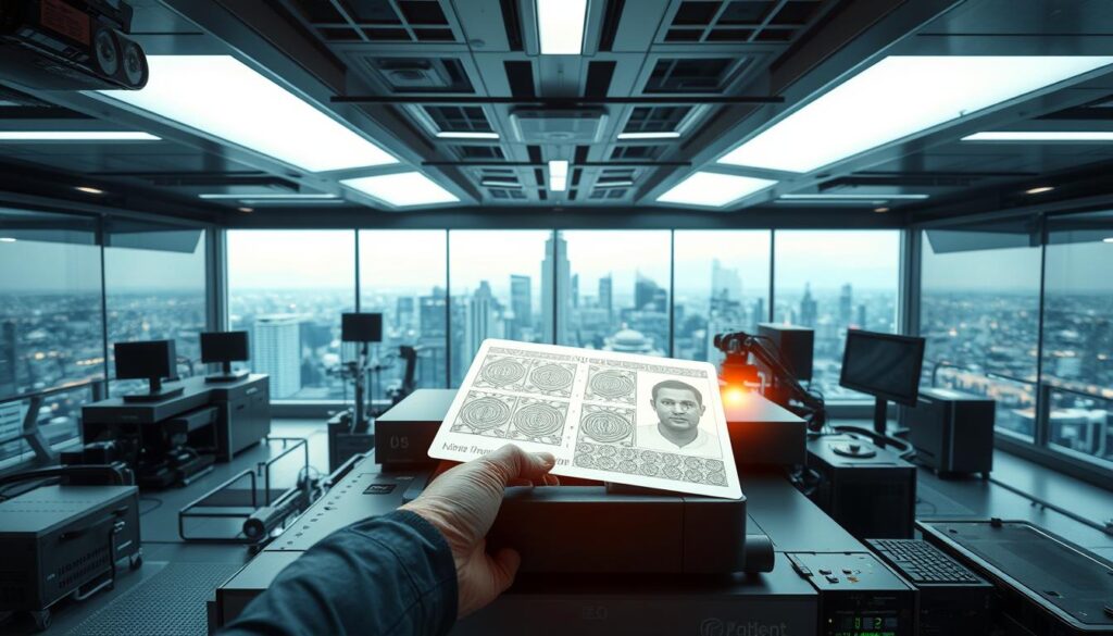 A state-of-the-art security facility, its interior illuminated by sleek, modern lighting. In the foreground, a high-tech document printer meticulously laser-etching intricate designs onto a blank identity card, imbuing it with an unparalleled level of security. Surrounding the printer, various biometric scanners, holographic projectors, and other advanced verification equipment, all working in seamless harmony to ensure the integrity of the identity solution. In the background, a panoramic view of a bustling metropolis, symbolizing the global reach and reliability of this trusted identity provider. An atmosphere of innovation, precision, and unwavering commitment to safeguarding identities.