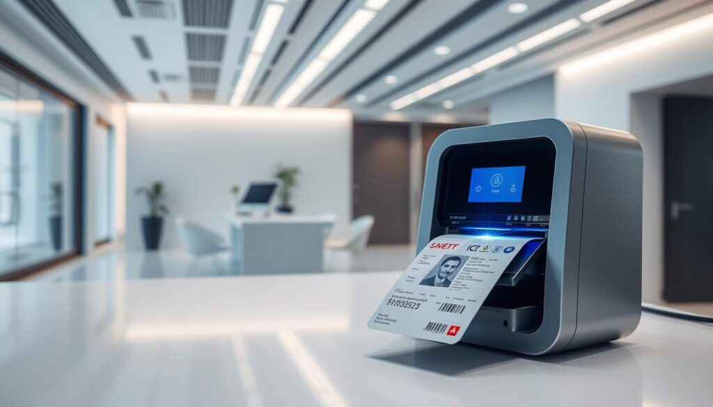A streamlined application process, showcasing a high-tech workflow. In the foreground, a modern document printer effortlessly laser-etching details onto a passport-like ID card. The middle ground features a sleek, minimalist workstation with a touchscreen interface, conveying a sense of efficiency and precision. In the background, a futuristic, well-lit office space with clean lines and muted tones, creating an atmosphere of technological sophistication. Soft, directional lighting highlights the smooth, polished surfaces, emphasizing the advanced nature of the process. The overall composition evokes a seamless, state-of-the-art experience for the user, reflecting the section's focus on a streamlined application.