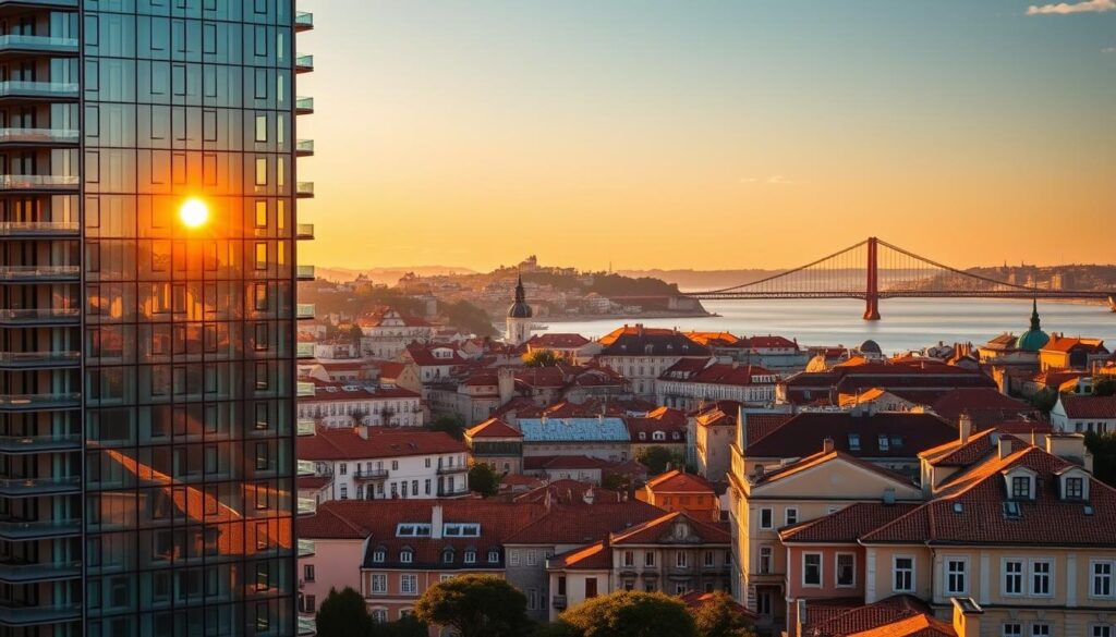 A stunning panoramic view of the iconic landmarks of Portugal's Golden Visa program. In the foreground, a sleek, modern high-rise apartment building, its gleaming glass facade reflecting the warm hues of the setting sun. In the middle ground, the historic architecture of downtown Lisbon, with its distinctive terracotta roofs and cobblestone streets. In the background, the shimmering waters of the Tagus River, framed by the majestic Ponte 25 de Abril bridge. The scene is bathed in a soft, golden light, creating a sense of affluence and opportunity. The overall atmosphere conveys the allure and prestige of Portugal's residency-by-investment program, a hub of high-tech innovation and international finance.