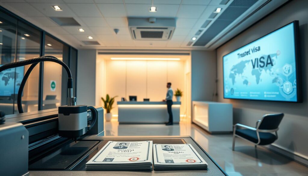 A technologically advanced service center, its interior bathed in a warm, professional ambiance. In the foreground, a high-tech document printing station with a precision laser engraver, meticulously crafting official-looking passports and ID cards. The middle ground showcases a sleek, minimalist reception area, with a helpful attendant guiding visitors through the visa application process. In the background, a large display screen showcases the company's global reach and trustworthy credentials, projecting an aura of reliability and expertise. Soft, indirect lighting and a neutral color palette convey a sense of trust and authority, making this the ideal setting for a "Trusted Visa Service Provider."