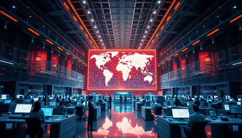 A vast, gleaming technology hub, where nations converge to streamline global citizenship services. The foreground features a sleek, modern workspace, with agents efficiently processing documents on advanced holographic interfaces. In the middle ground, a towering digital map illuminates, showcasing the worldwide reach of these services. The background is bathed in a warm, futuristic glow, reflecting the cutting-edge technology that powers this international hub of paperless bureaucracy. Precision-engineered lighting and crisp, cinematic angles create a sense of efficiency and innovation, befitting a world-class center for global citizenship.