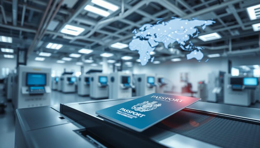 A vast global network of high-tech documentation centers, with sleek facilities housing state-of-the-art laser printing and document processing machines. Bright, modern interiors bathed in cool, even lighting, showcasing the precision and efficiency of the services offered. In the foreground, a close-up view of a laser printer meticulously crafting a passport or ID card, the intricate details and security features emerging with clarity. In the background, a world map highlighting the extensive reach of the Global Documentation Services, connecting nations through the seamless handling of essential paperwork.