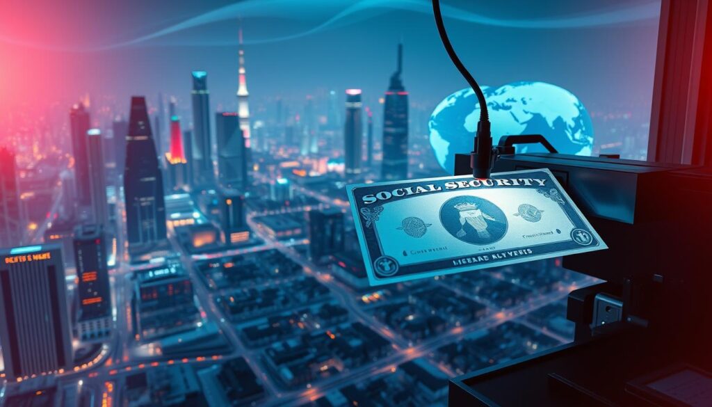 A vast, interconnected global network of advanced technology hubs, with futuristic cityscapes and gleaming skyscrapers bathed in cool, ambient lighting. In the foreground, a high-tech printing device meticulously laser-etching security features onto a new social security document, its precision mirroring the seamless integration of digital and physical realms. The middle ground reveals bustling, diverse communities connected by state-of-the-art transportation and communication infrastructure, symbolizing the widespread accessibility and inclusivity of the services provided. In the distant background, a stylized world map or globe showcases the expansive geographical reach, underscoring the global impact and scale of the operations. The overall mood is one of technological sophistication, efficiency, and a commitment to serving a global community.