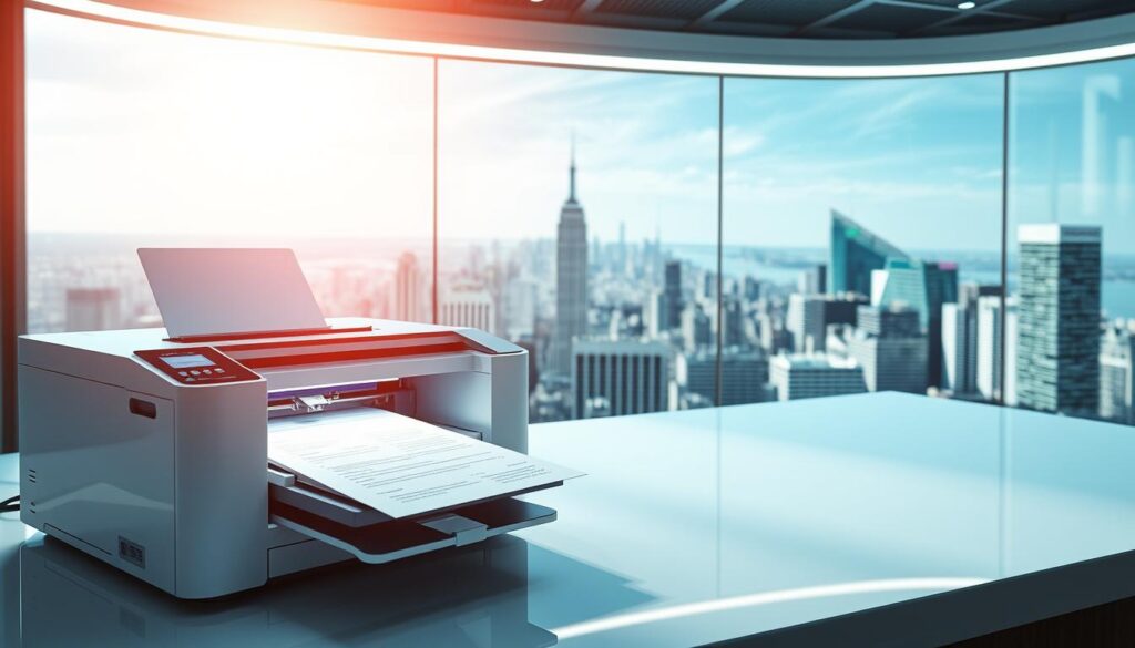 A vibrant, futuristic scene of a high-tech workspace dedicated to streamlining the USA Green Card application process. In the foreground, a sleek, state-of-the-art laser printer effortlessly crafts official documents, its beams of light reflecting off the pristine, minimalist surfaces. In the middle ground, a touchscreen interface displays the seamless online services, guiding users through the process with intuitive ease. The background features a panoramic view of a bustling city skyline, symbolizing the boundless opportunities that await those who successfully navigate the digital Green Card landscape. The overall atmosphere exudes a sense of efficiency, innovation, and the promise of a brighter future.